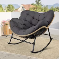 Oversized Beige PE Wicker Outdoor Rocking Chair Papasan Chair with Gray Cushion
